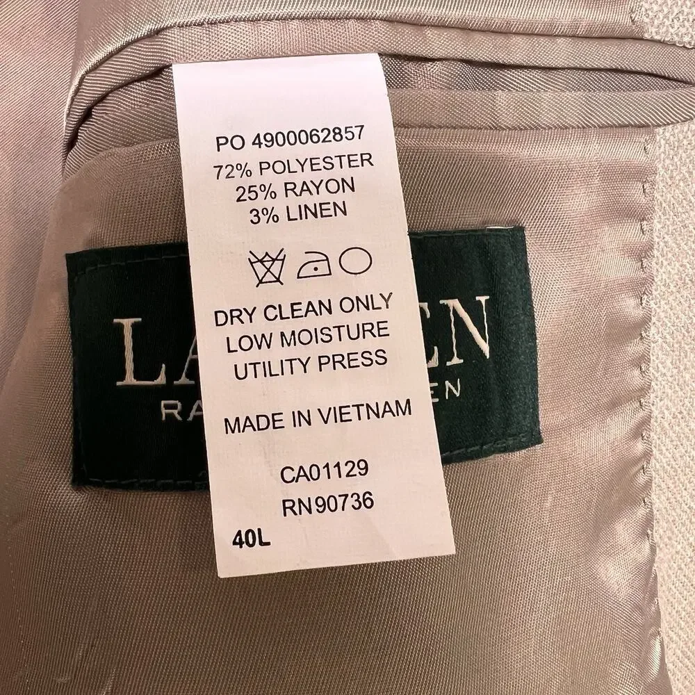 Lauren Ralph Lauren Mens Beige Blazer 2 Button Sports Coat Size 40L Career Prep